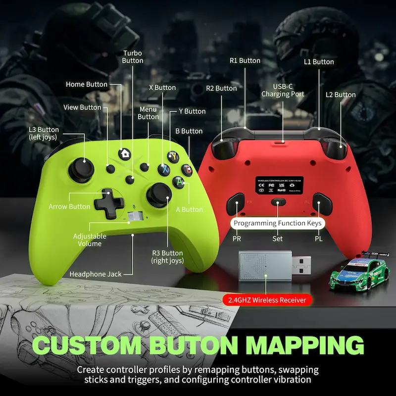 custom button mapping layout of green controller for xbox with 2.4ghz receiver.