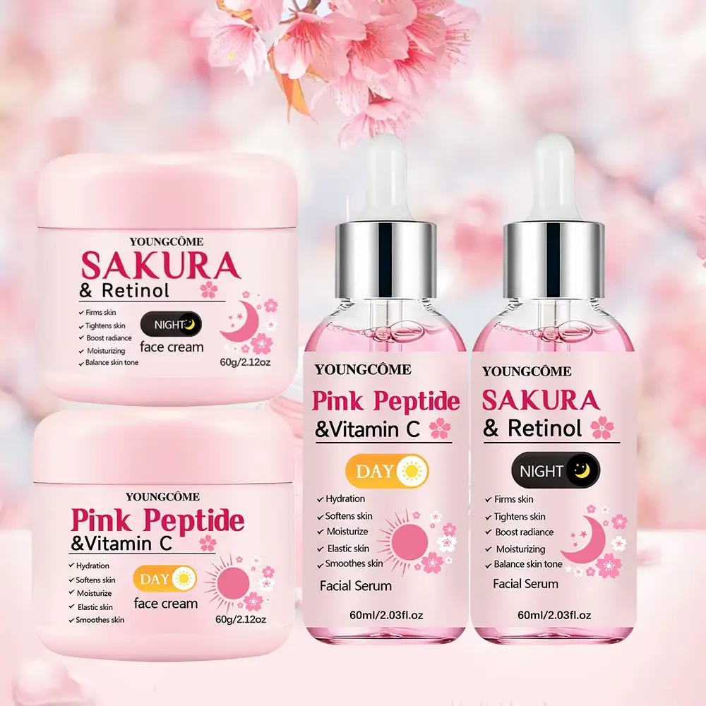 Complete 4-piece Youngcome Skincare Set Review showing day and night face creams and serums.