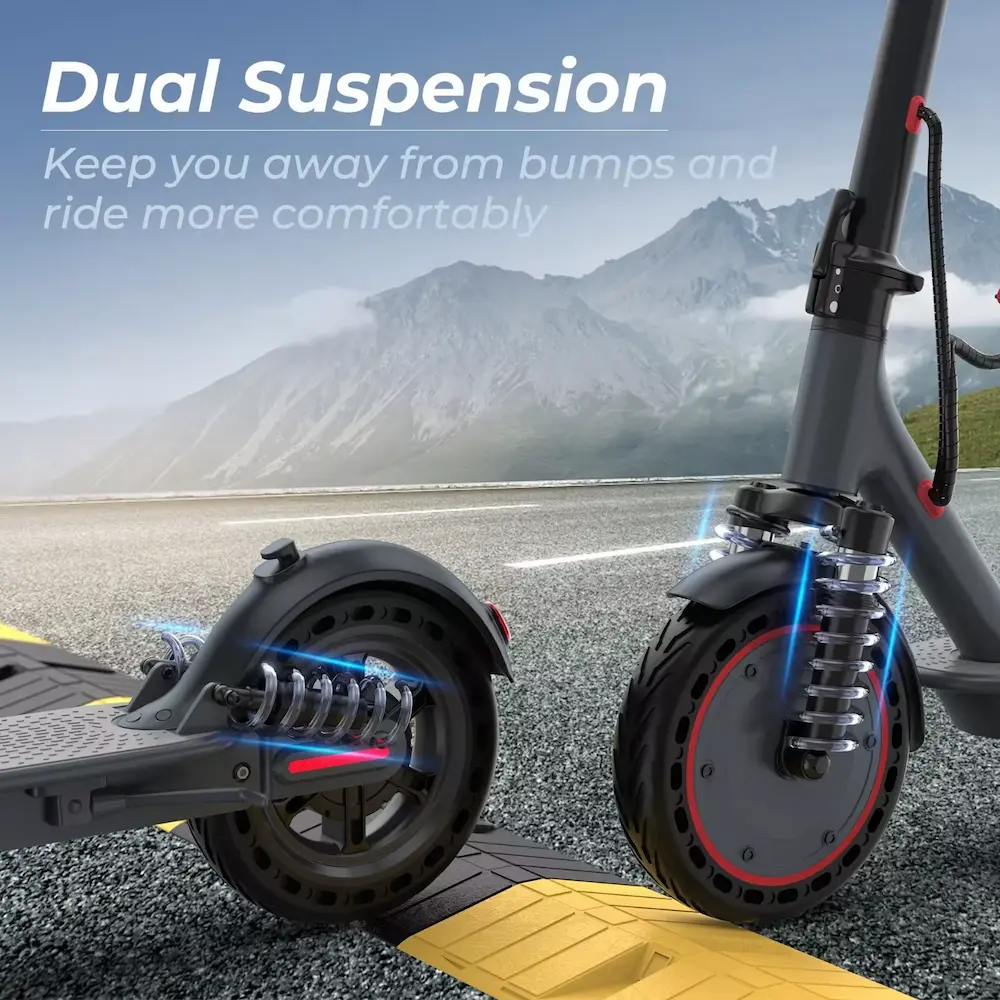 Front and rear dual shock absorber suspension system on black wheels.