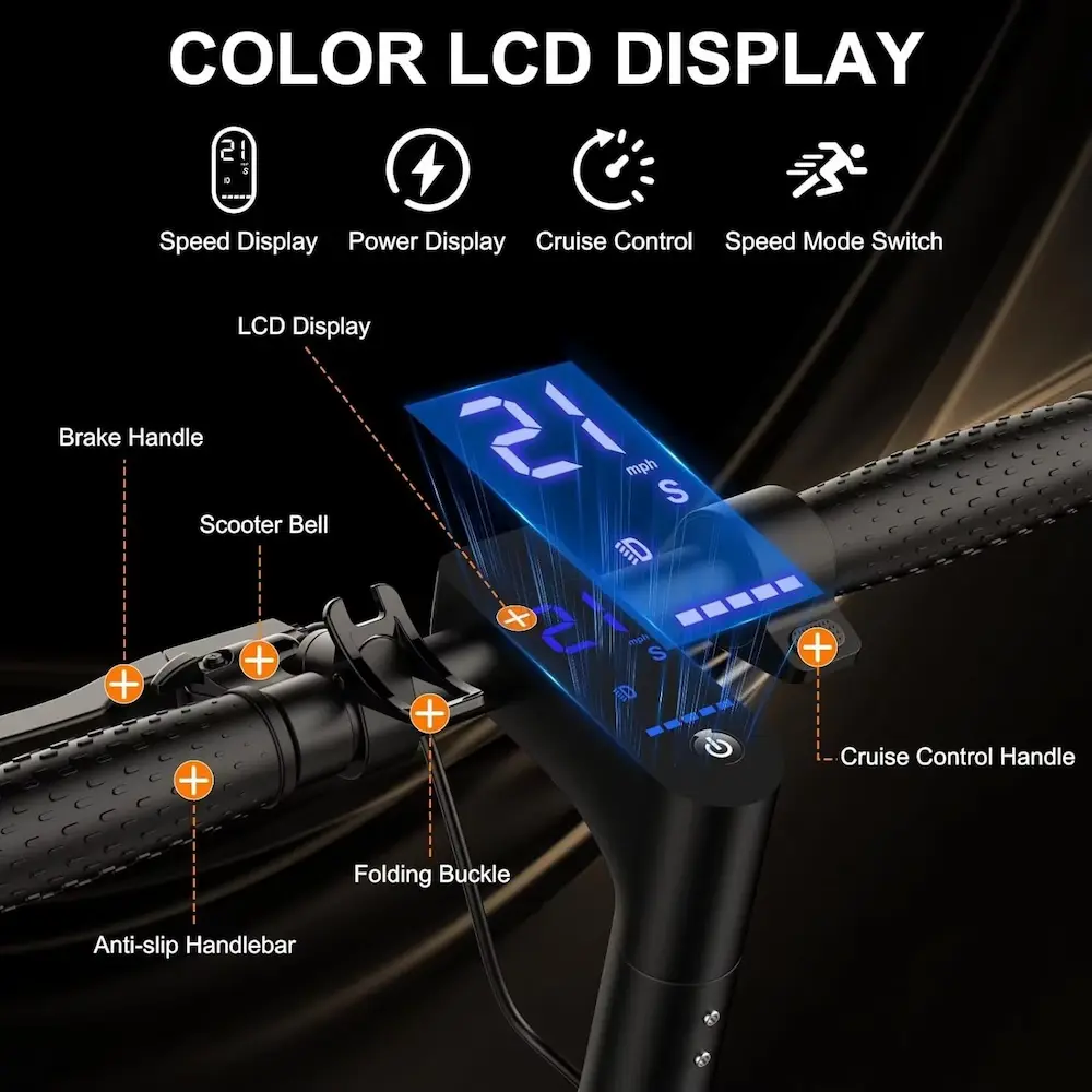 Detailed view of color LCD display with speed readout and cruise control handle.