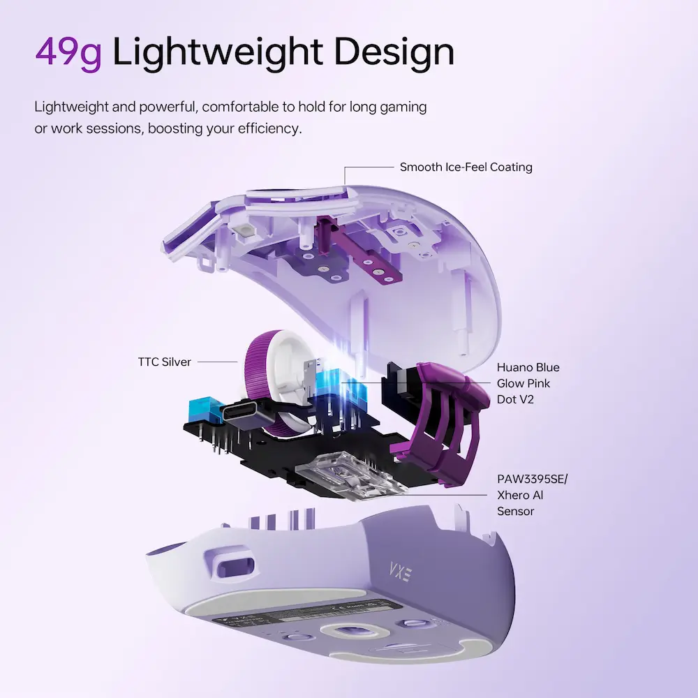 Exploded view of ATK VXE Dragonfly V3 highlighting its 49g lightweight build and components.