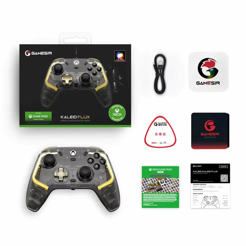 Unboxing layout displaying the translucent gamepad, connection cable, manual, and Xbox Game Pass trial card.