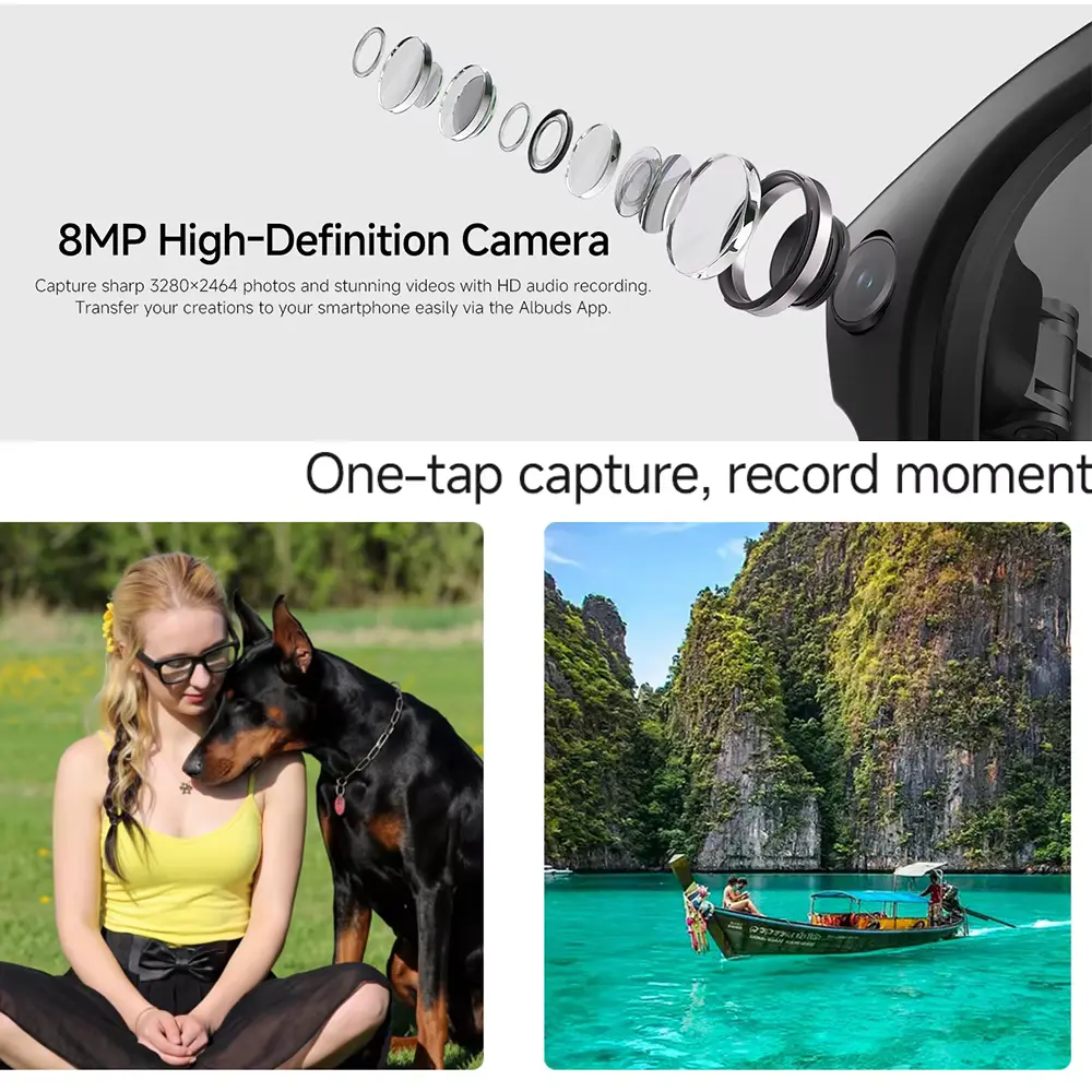 Multi-layer optical lens structure next to outdoor video capture samples.