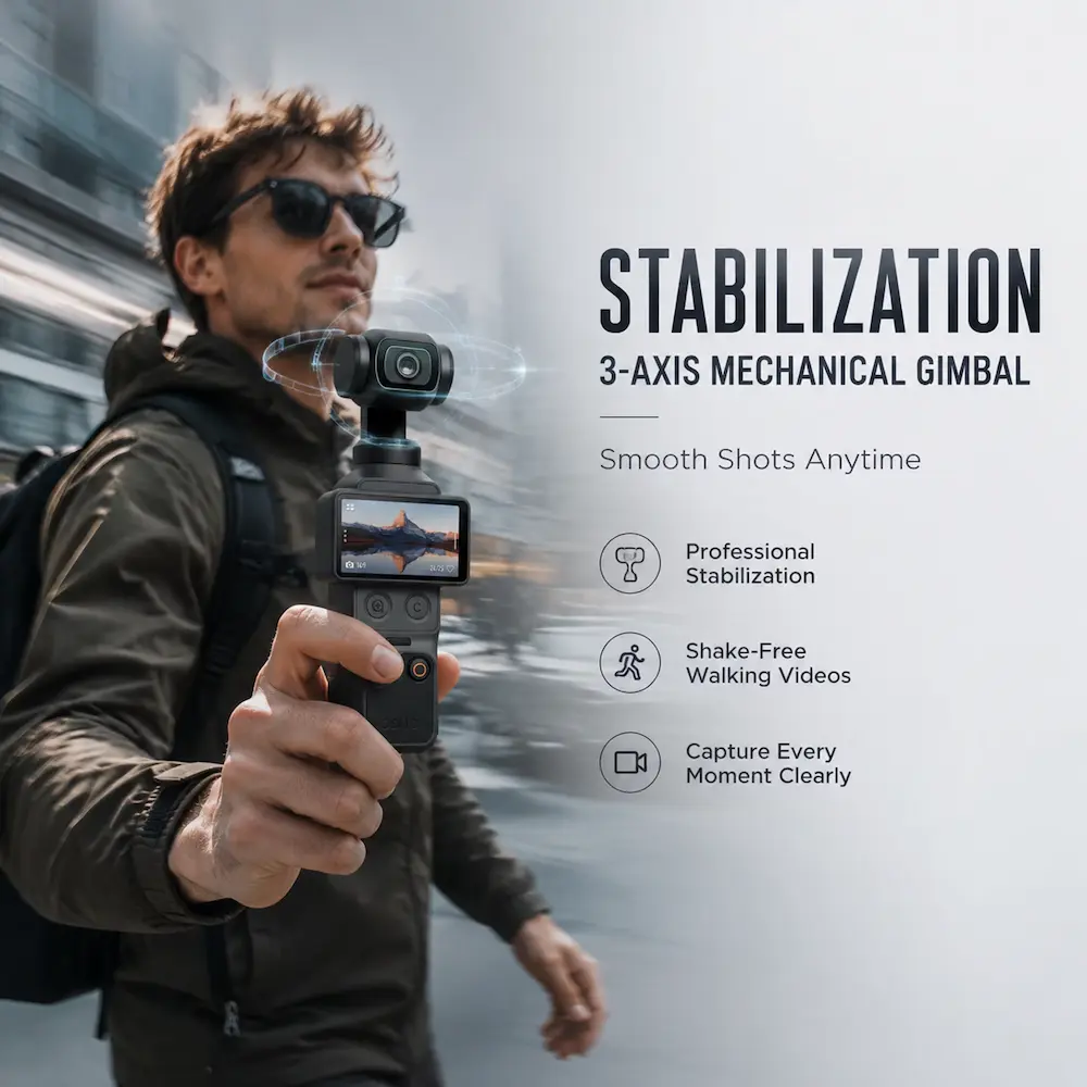 Creator recording motion video using 3-axis mechanical gimbal stabilization for smooth footage.
