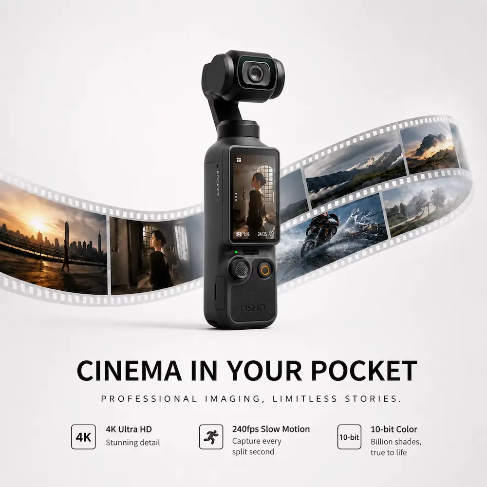 Detailed image for our DJI Osmo Pocket 4  illustrating 4K recording, slow motion, and 10-bit color capabilities.