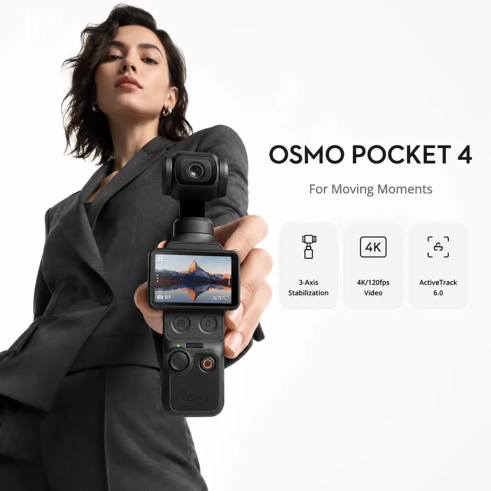 Woman holding the lightweight gimbal camera highlighting key vlogging specifications and design.