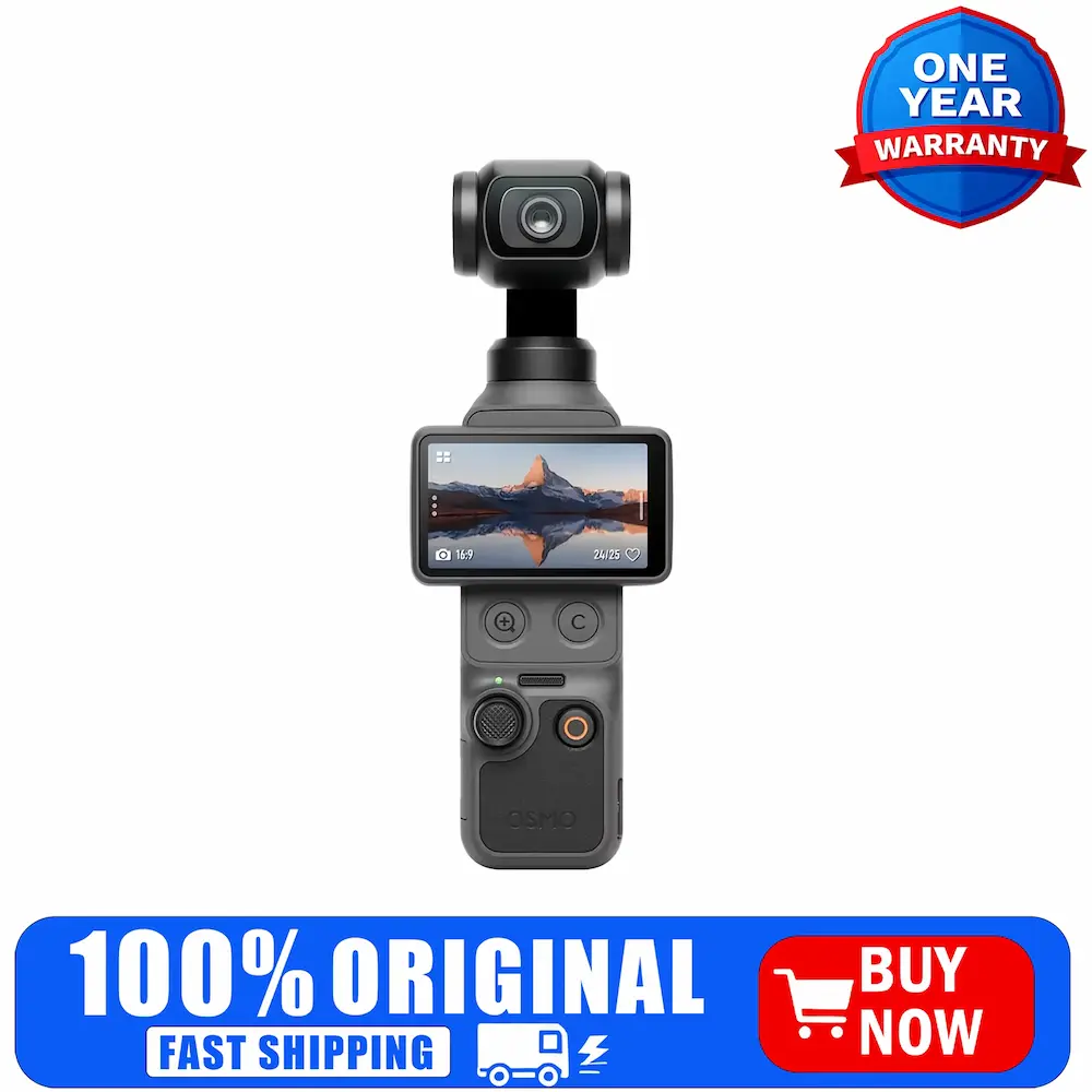 Front view of the compact camera setup prepared for this comprehensive DJI Osmo Pocket 4 showing the rotatable touch screen.