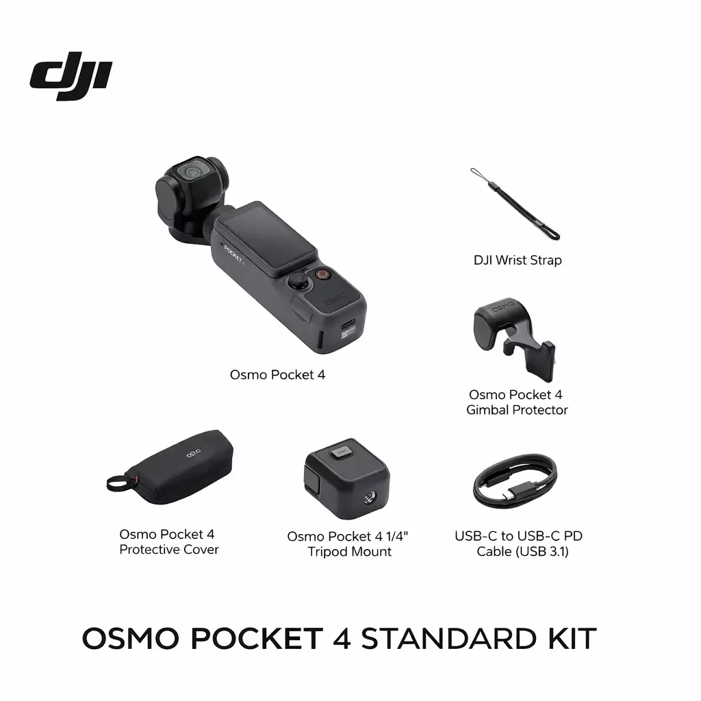 Complete package accessories and box contents unboxed for our DJI Osmo Pocket 4.