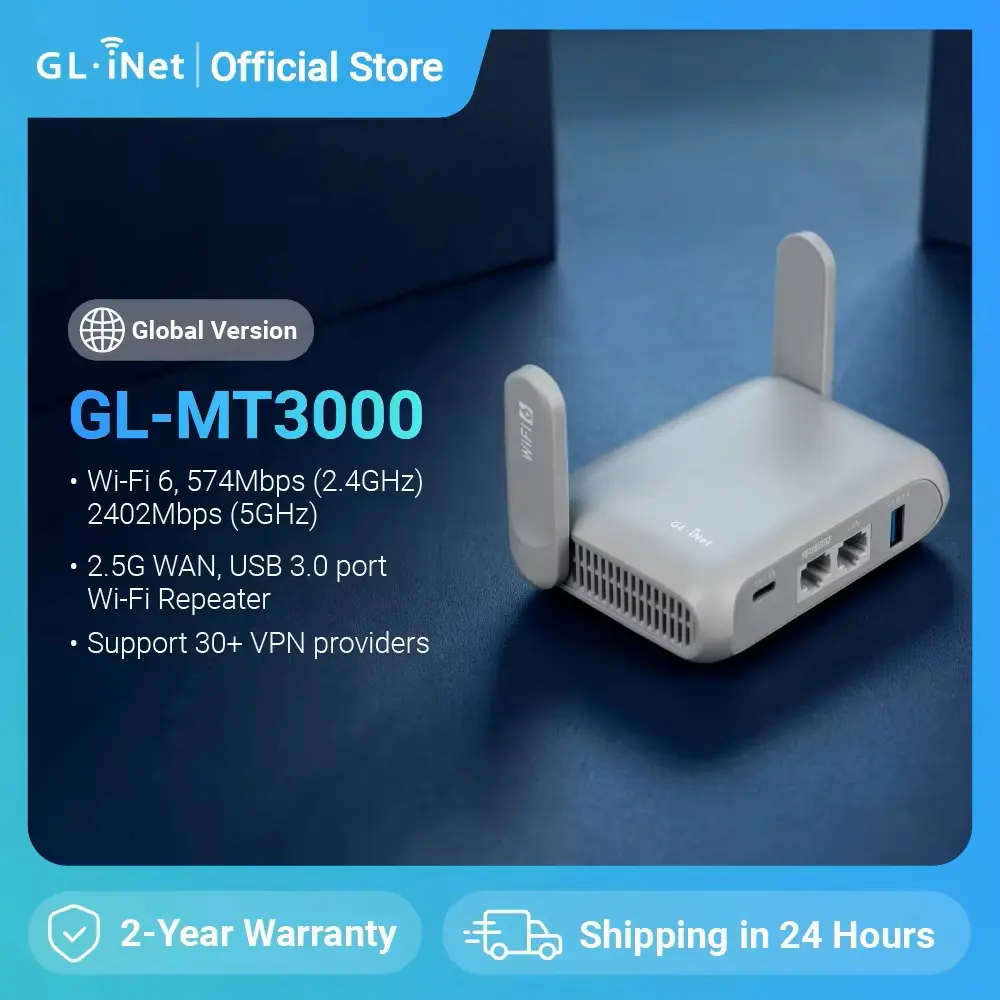 Rear and side view showing Ethernet ports USB 3.0 and antennas of GL.iNet Beryl AX router.