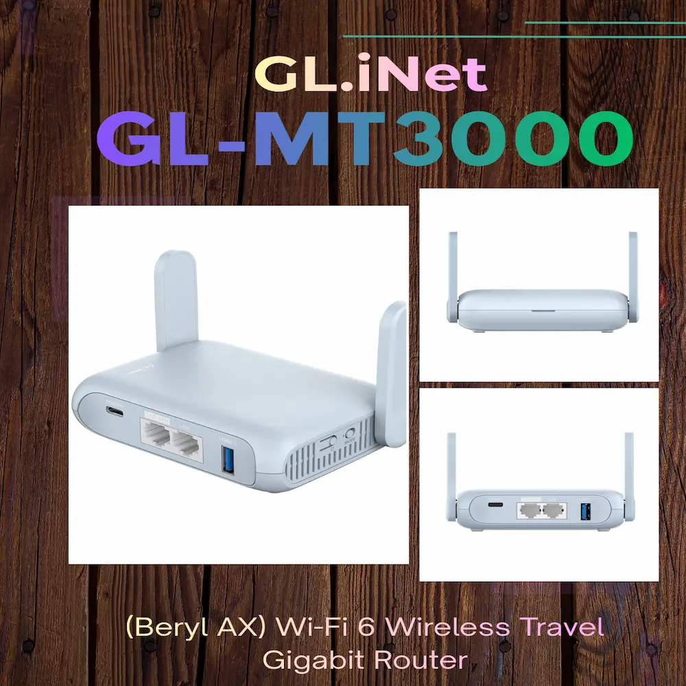 GL.iNet MT3000 Review - Front view of Beryl AX Wi-Fi 6 mini travel router.