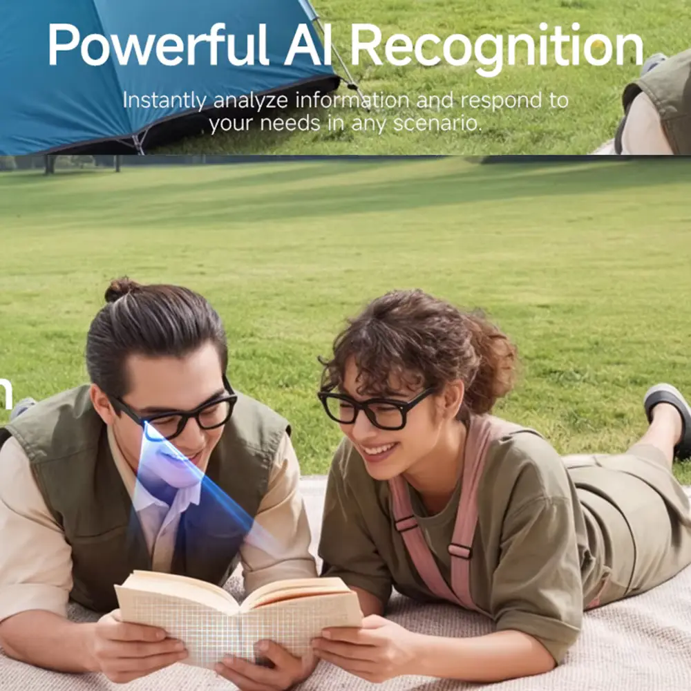 Couple using HD5 AI Smart Glasses while reading a book outdoors.