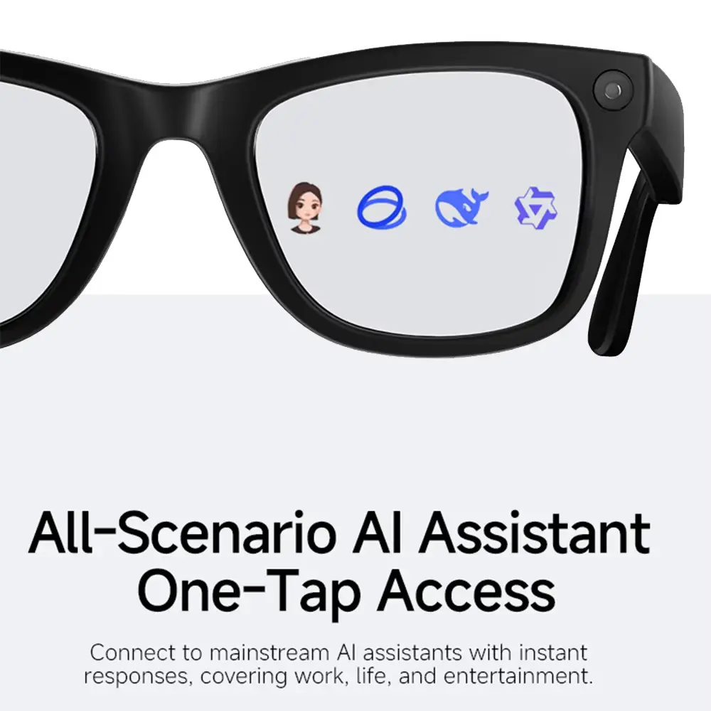 Close-up of HD5 AI Smart Glasses lens displaying interactive assistant icons.