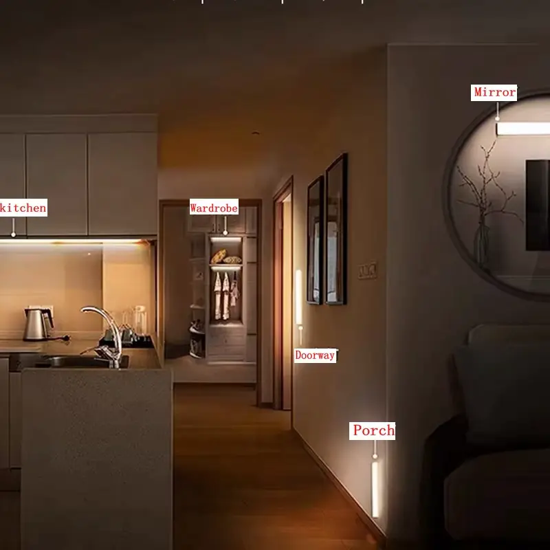 Home interior displaying multiple light placements in kitchen, doorway, wardrobe, and porch.