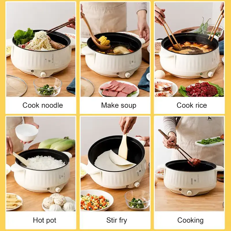 Multi-Cooker Electric Pot shown preparing noodles, soup, rice, hot pot and stir-fry meals.