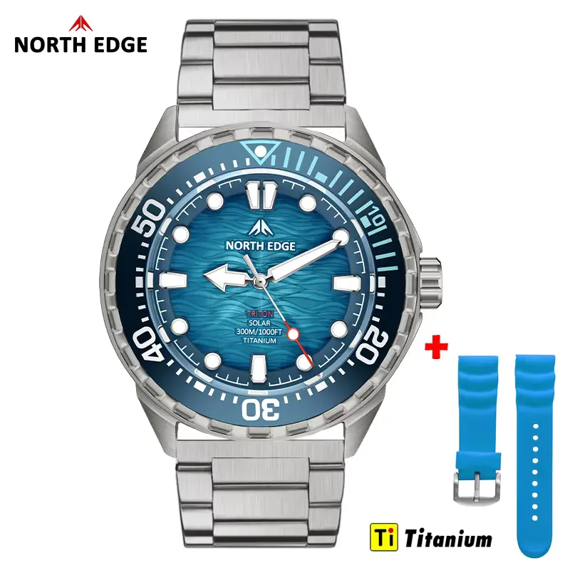 NORTH EDGE TRITON-TI detailing the titanium solar diving watch with a metallic bracelet and extra blue silicone strap.
