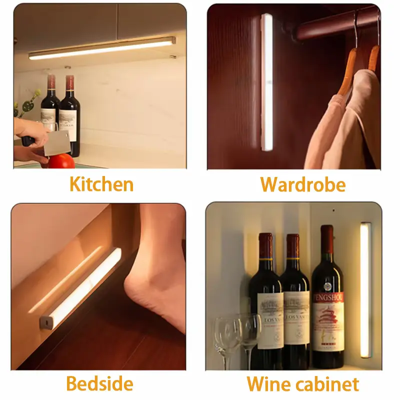 Four-panel collage showing light installed in kitchen, wardrobe, bedside, and wine cabinet.