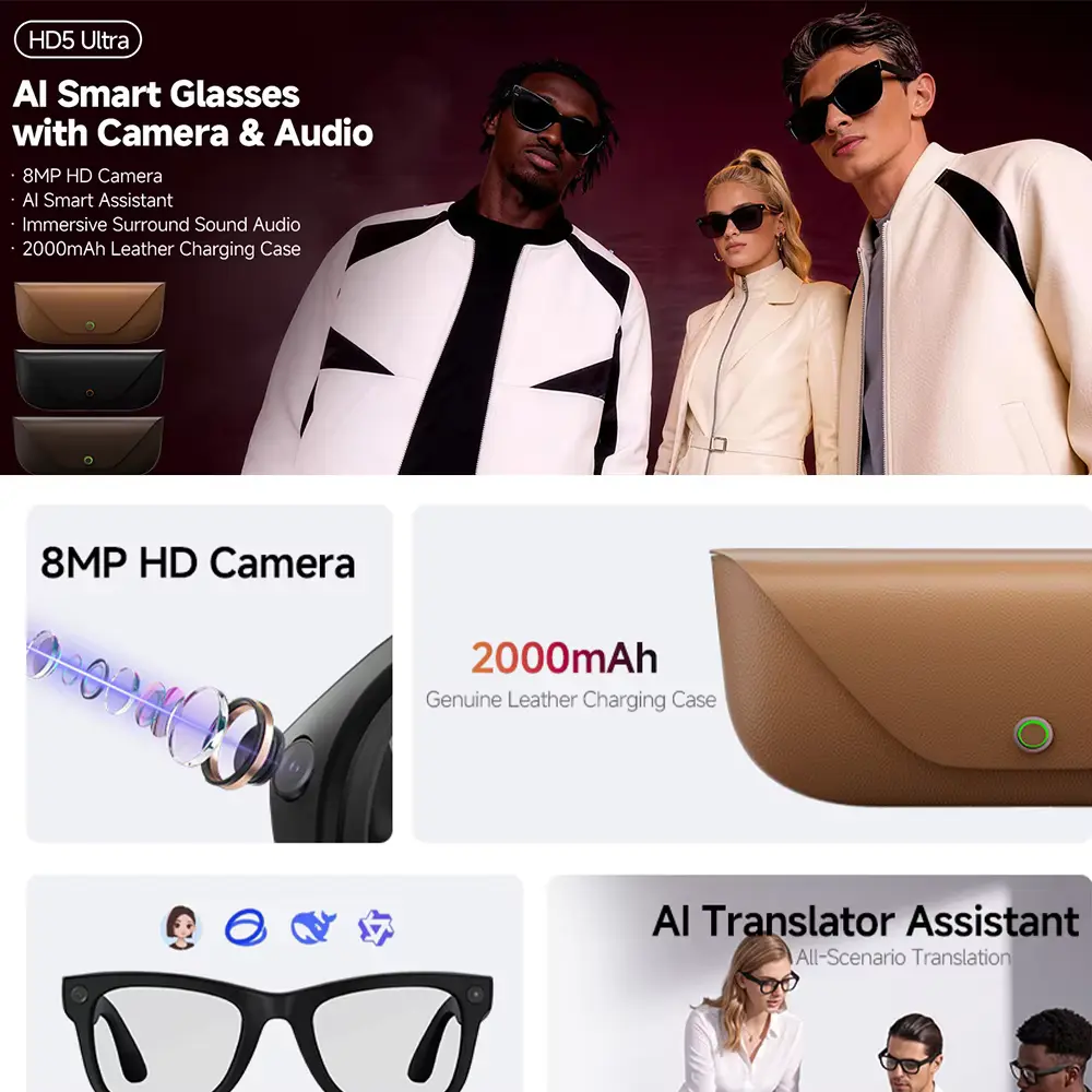 Black eyewear resting above a tan leather power bank protective case.
