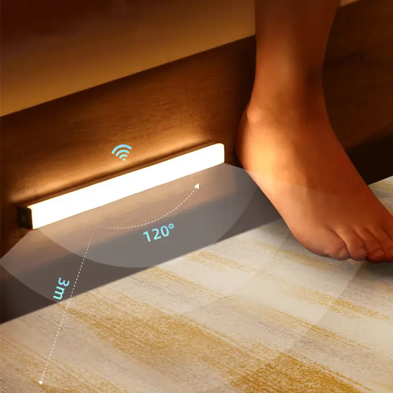 Smart motion sensor LED light installed at bedside detecting foot movement in dark.