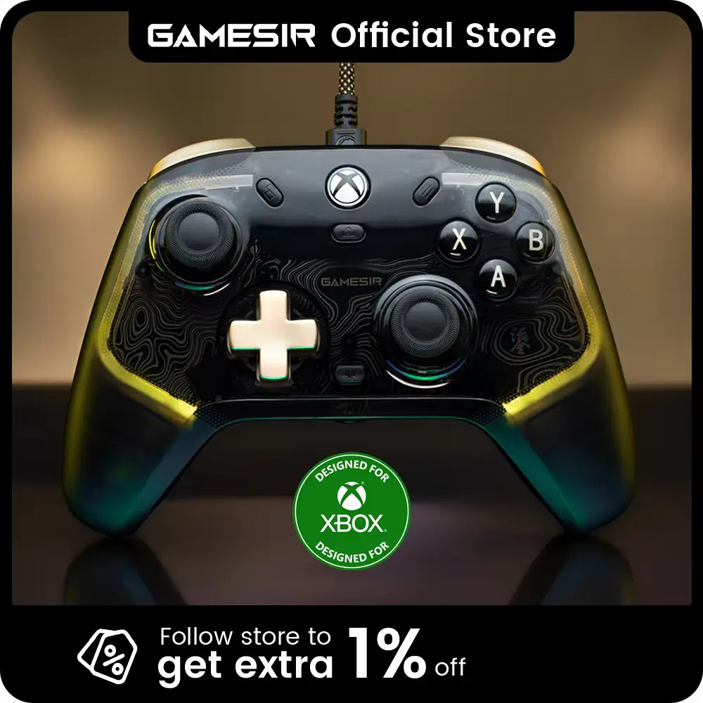 Front view of the transparent gold-accented controller highlighted in a GameSir Kaleid Flux Review.