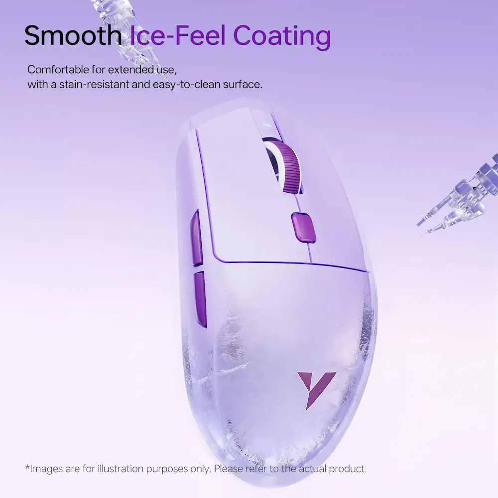 Close-up view of mouse showing smooth ice-feel stain-resistant surface coating.