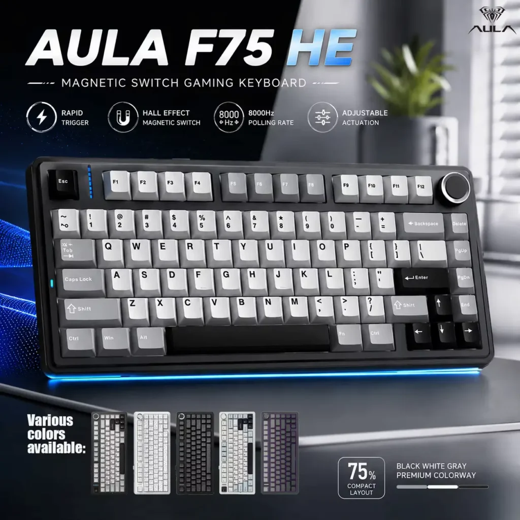 Black, white, and gray 75% magnetic switch gaming keyboard showcasing rapid trigger and 8000Hz polling rate features alongside an AULA F75 HE Review.