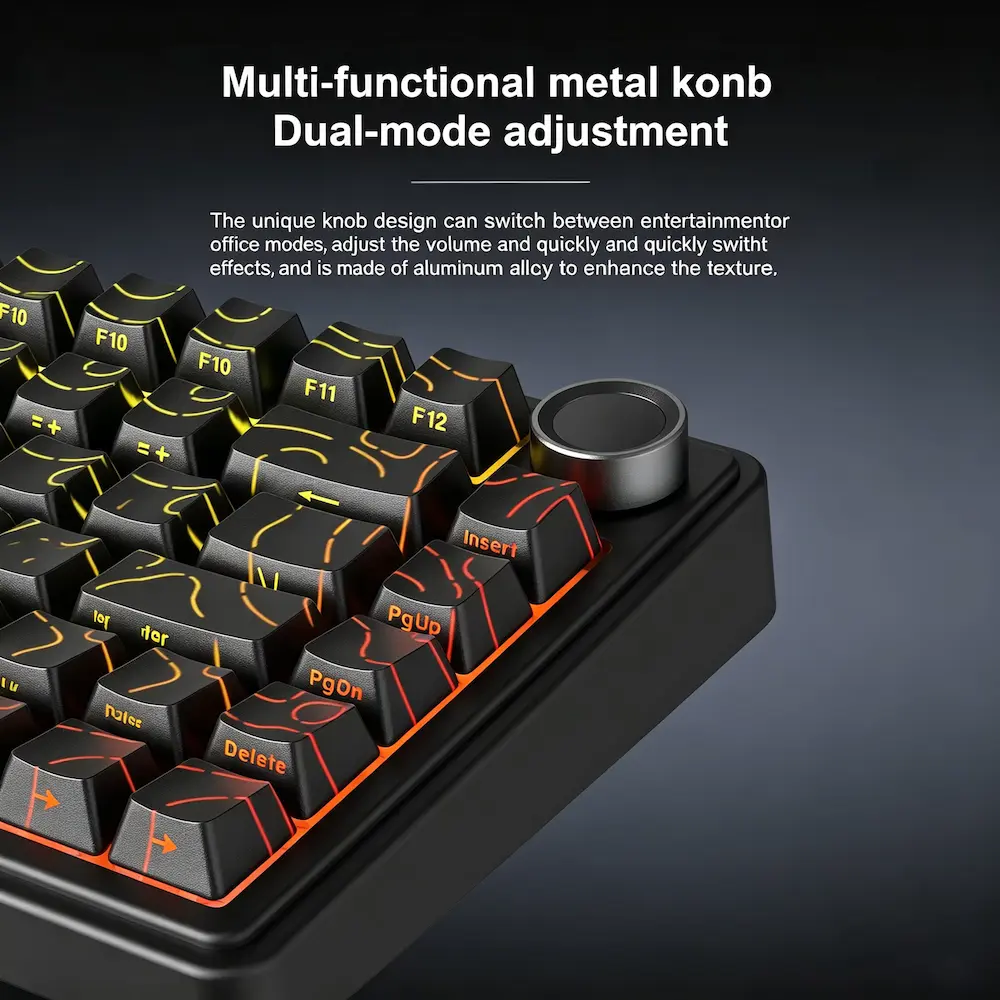 Close-up shot of a textured aluminum alloy volume rotary knob positioned next to illuminated keycaps.