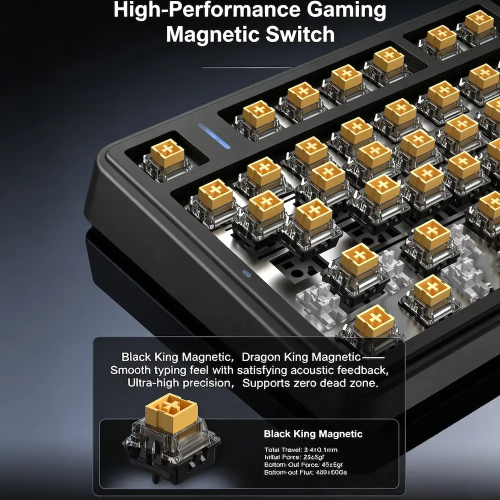 Detailed close-up of hot-swappable yellow stem magnetic switches mounted on a PCB plate.
