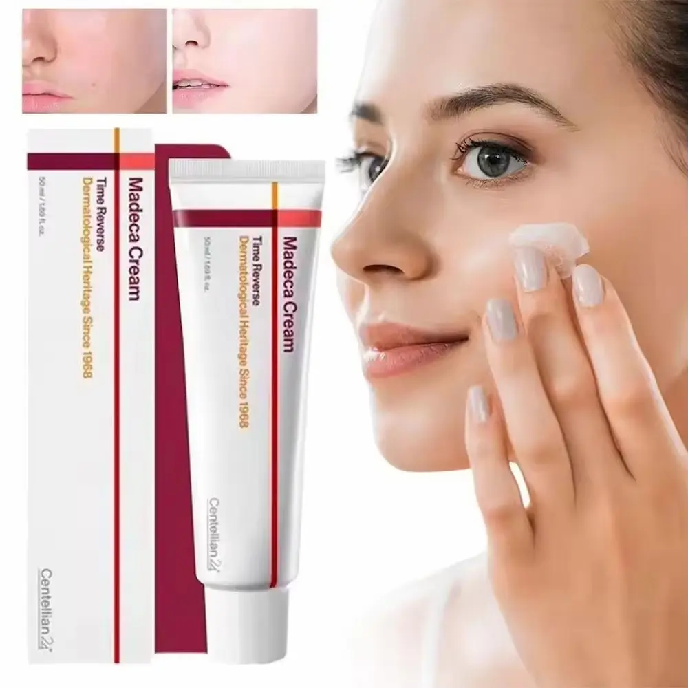 A detailed Korean Madeca Cream Review featuring the product tube, outer box, and a woman applying the face moisturizer.