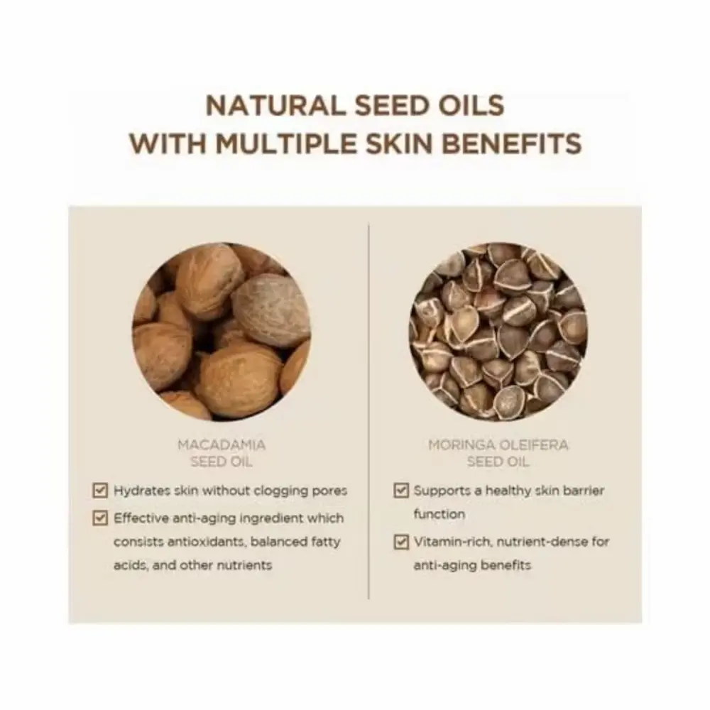 Infographic showing macadamia and moringa oleifera seeds used for anti-aging and barrier protection benefits.