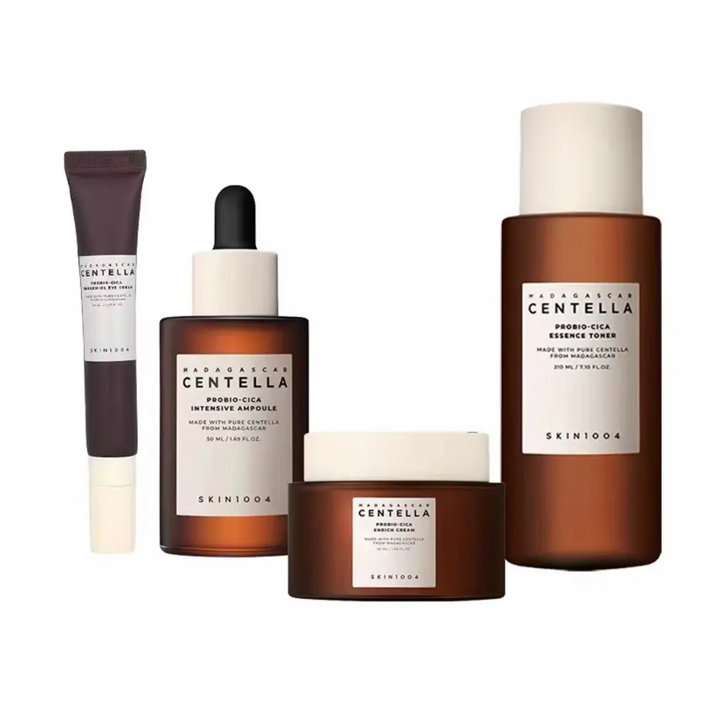 Complete SKIN1004 Probio-Cica Set featuring toner, intensive ampoule, enrich cream, and eye cream.