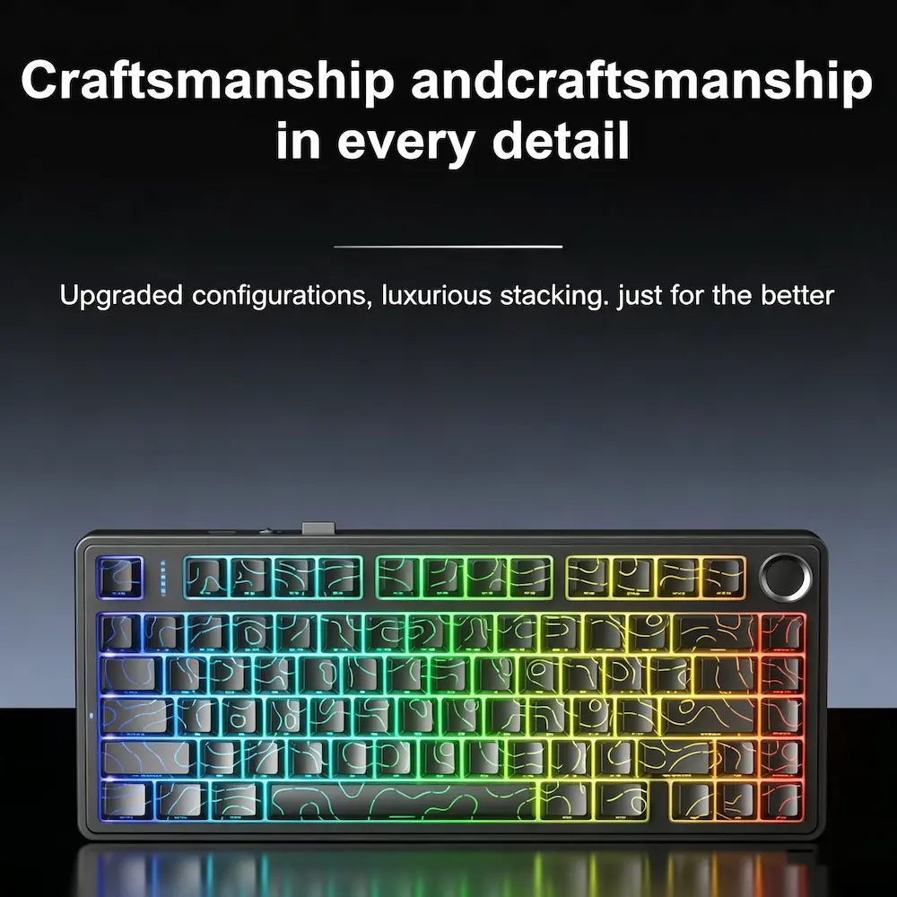 Overhead top-down view of vibrant RGB backlighting shining through custom topographic patterned keycaps on a compact chassis during an AULA F75 HE Review.
