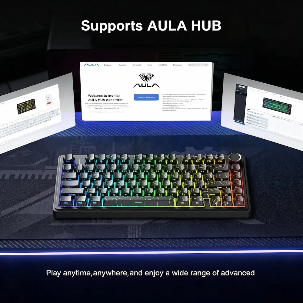 Web-based software dashboard interface open on a monitor screen above a rainbow backlit wireless peripheral.