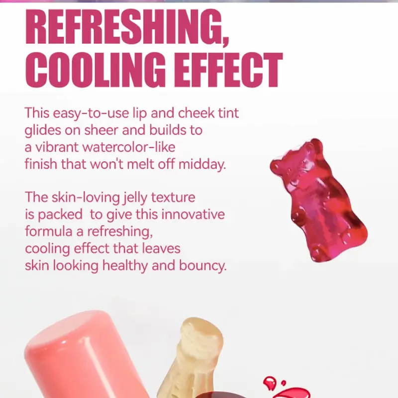 Refreshing and hydrating jelly lip cheek tint texture with gummy bear design.