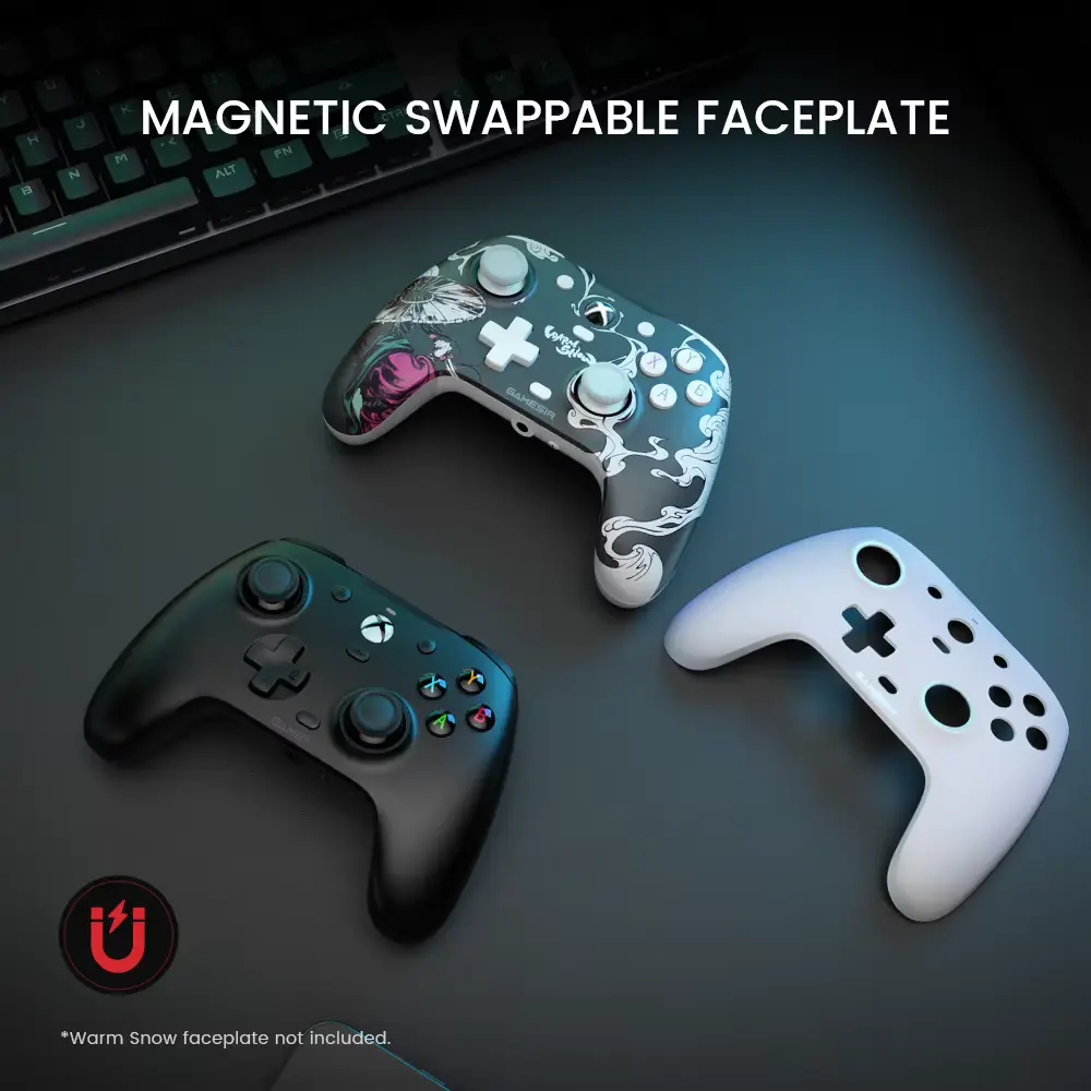 Magnetic swappable faceplates resting next to the GameSir G7 HE Controller on a desk setup.