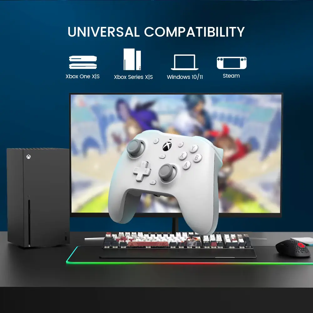 Universal compatibility chart showing the GameSir G7 HE Controller working with Xbox Series X|S, Xbox One, Windows, and Steam.