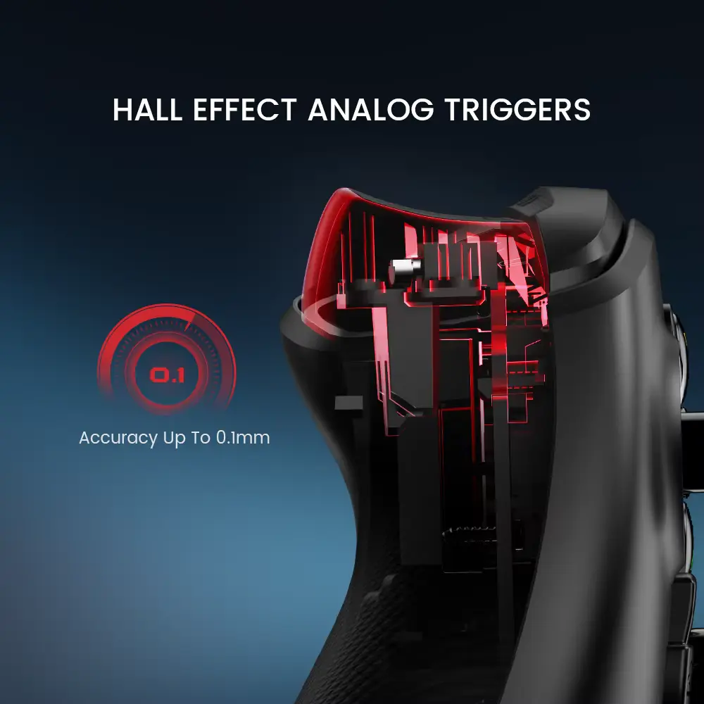 Internal mechanism view of hall effect analog triggers showing 0.1mm response precision.