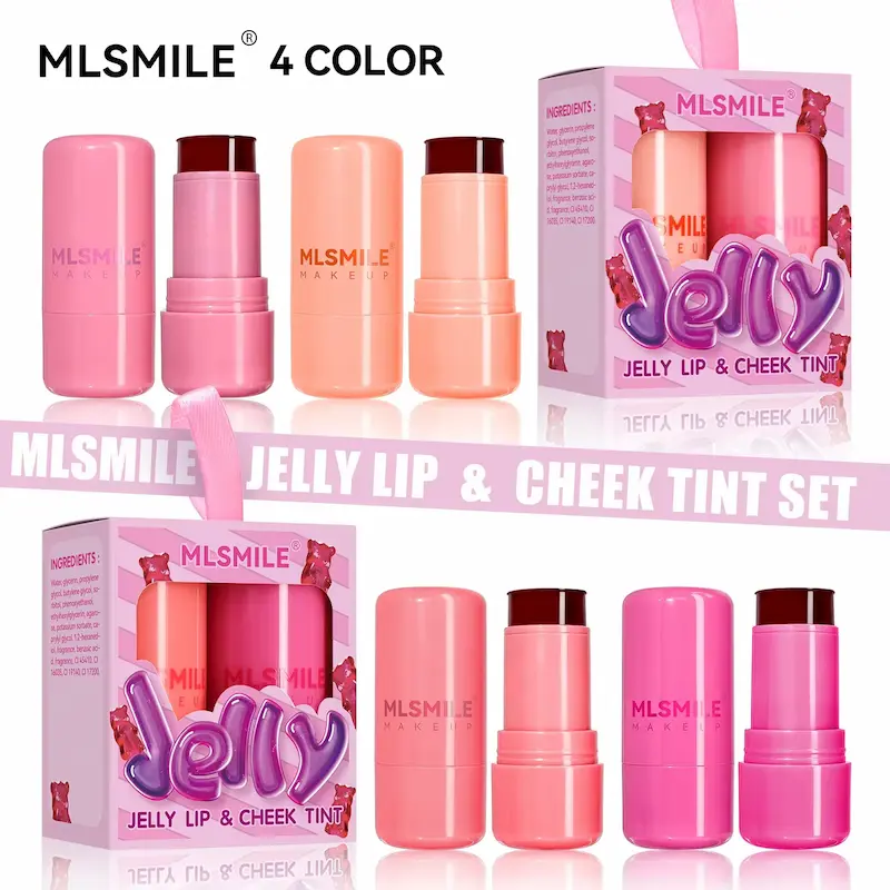 Dual pink cosmetic sticks displayed alongside boxed packaging.