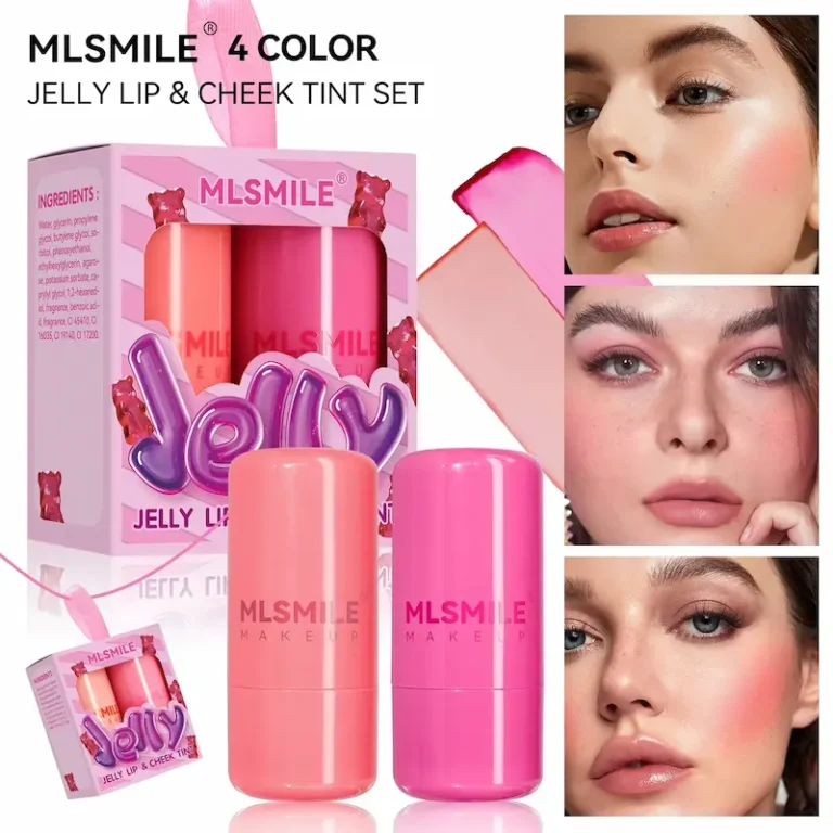 MLSmile 4 color jelly lip cheek tint set with shade preview model swatches.