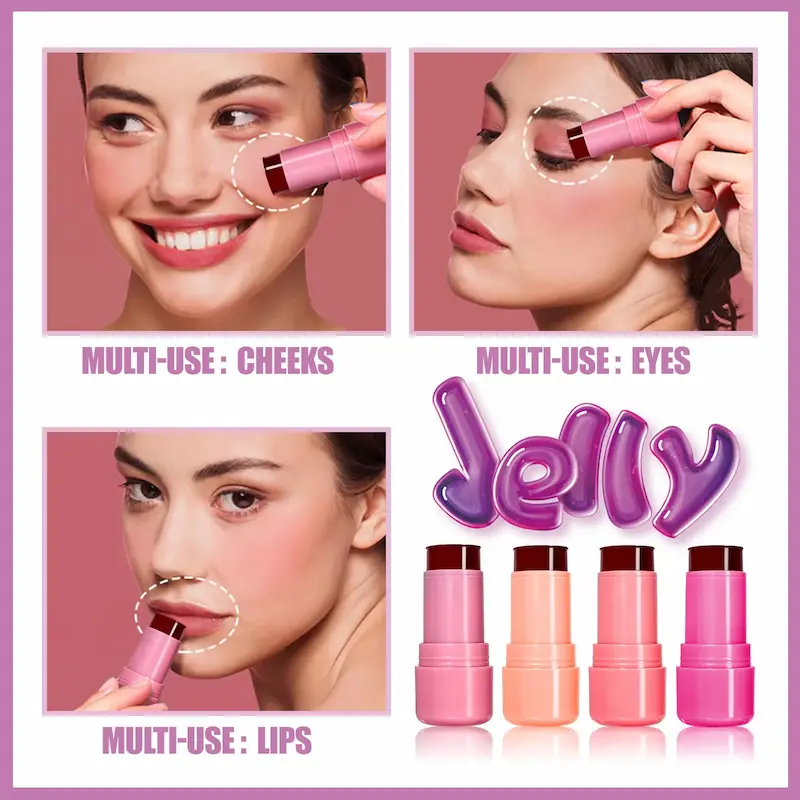 Multi-purpose jelly lip cheek tint applied on cheeks eyes and lips.