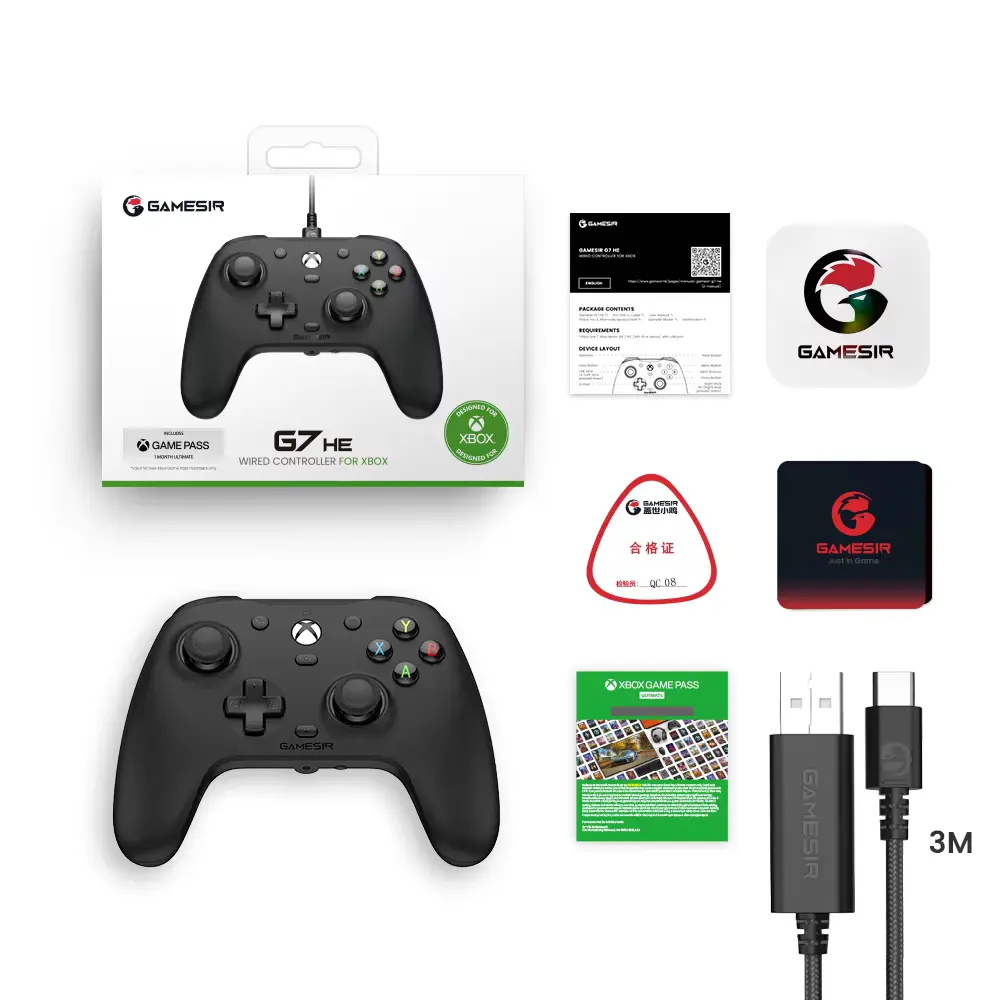 Complete packaging box including wired gamepad, 3M USB-C cable, manual, stickers, and Game Pass Ultimate card.
