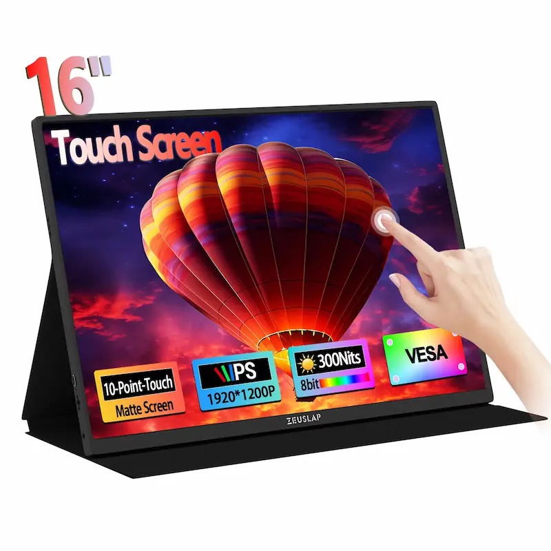Front view showing touch screen features for ZEUSLAP 16 Monitor Review.