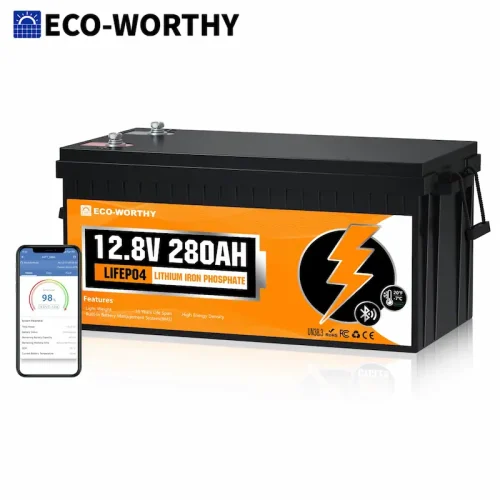 A premium product shot of the ECO-WORTHY 12.8V 280Ah LiFePO4 battery on a clean white reflective surface, with its smartphone app interface displayed next to it.