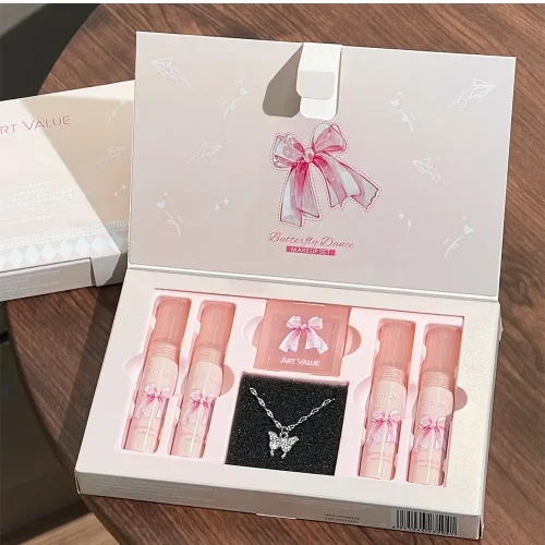 6 Pcs Matte Lipstick and Lip Glaze Set with Silver Butterfly Necklace in Pink Gift Box