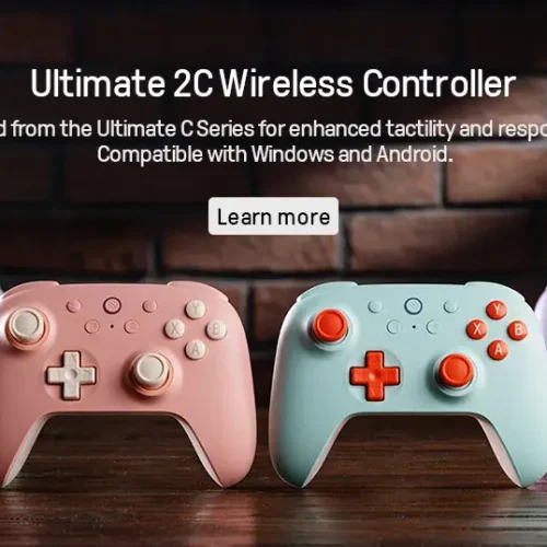 A colorful collection of 8BitDo Ultimate 2C Wireless Controllers in Mint, Peach, Blue, and Purple colors.