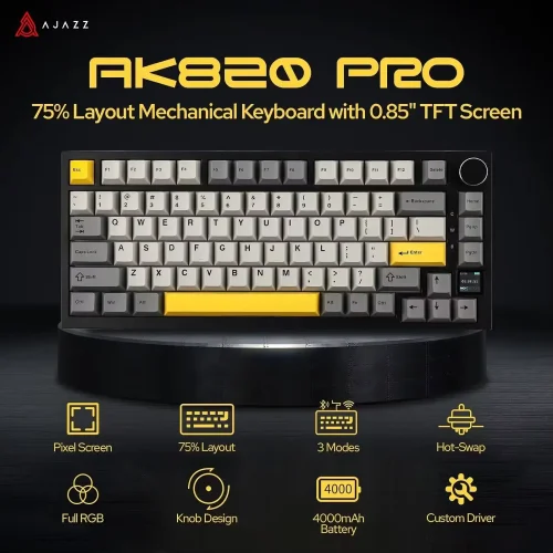Ajazz AK820 Pro 75 percent mechanical keyboard with TFT screen and key features list.