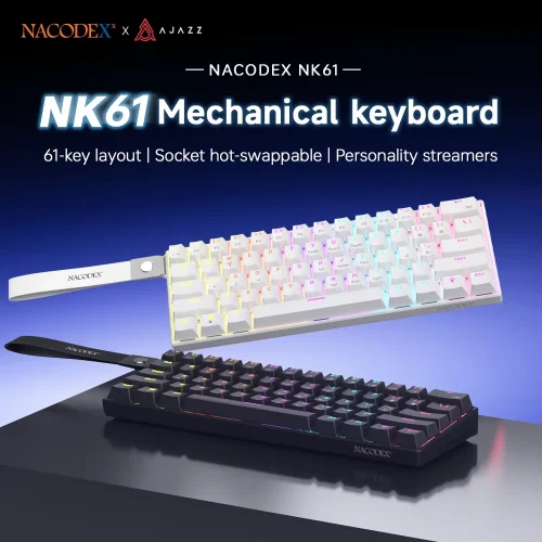 Black and white versions of the NK61 keyboard with RGB lighting and decorative straps.