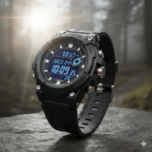 All-black men's digital sports watch with sportwatch branding