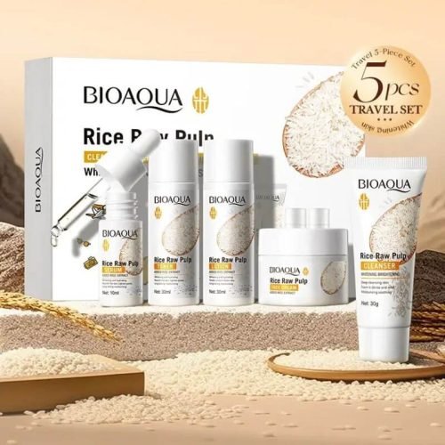 Complete 5-piece BIOAQUA Rice Puree skincare kit including cleanser, toner, serum, and cream.