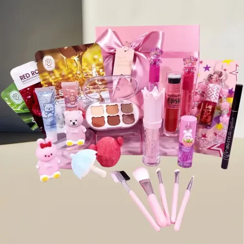Full unboxing of the pink gift box showing all 22 pieces of makeup and tools.