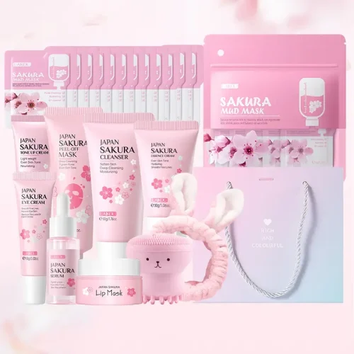 A full Sakura skincare collection including masks, serum, cream, cleanser, a headband, and a gift bag.